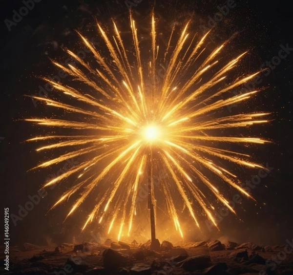 Fototapeta Sun-like yellow firework, blazing embers, wide angle view,  dramatic,  event