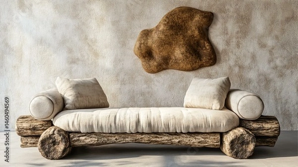 Obraz Rustic Modern Interior Design: Wooden Sofa, Beige Decor