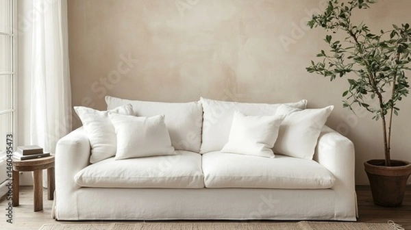 Fototapeta Minimalist White Sofa With Cushions In Bright Room Interior
