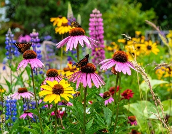 Obraz Vibrant Garden Scene with Colorful Flowers and Butterflies in Bloom