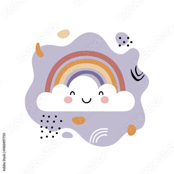 Fototapeta Smiling cloud with colorful rainbow and abstract shapes vector illustration in pastel style 