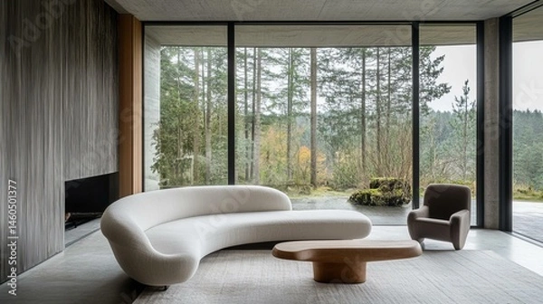Obraz Modern Living Room With Forest View And Curved Sofa Design
