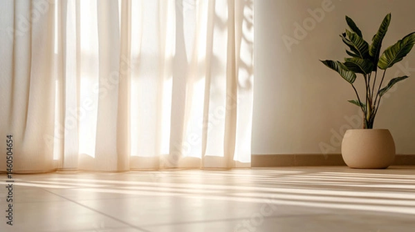 Fototapeta Sunlight and shadow play on floor with sheer curtain and plant