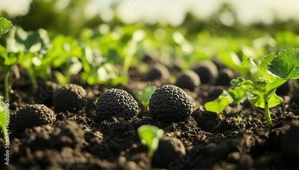 Obraz Truffles nestled in dark soil amidst growing greens