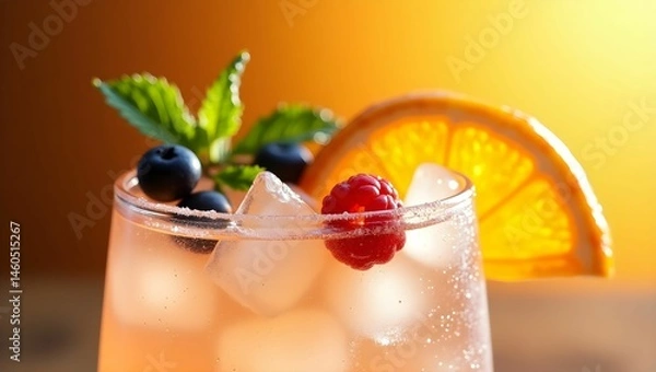 Obraz Refreshing Summer Cocktail in Crystal Glass with Orange Slice, Mint, and Berries on Sunny Background