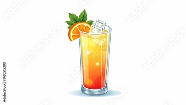 Obraz Vector Cocktail Glass with Orange Slice, Mint, and Ice – Summer Garnish in Frosted Style on White Background