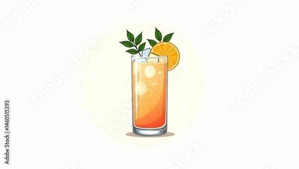 Obraz Vector Cocktail Glass with Orange Slice, Mint, and Ice – Summer Garnish in Frosted Style on White Background