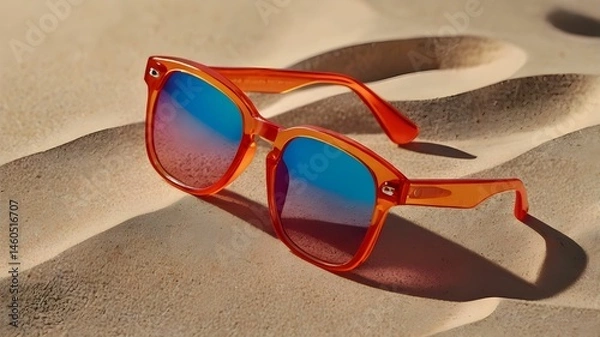Obraz Minimal 3D Neon Sunglasses on Sandy Background – Vibrant Summer Promo Design Element