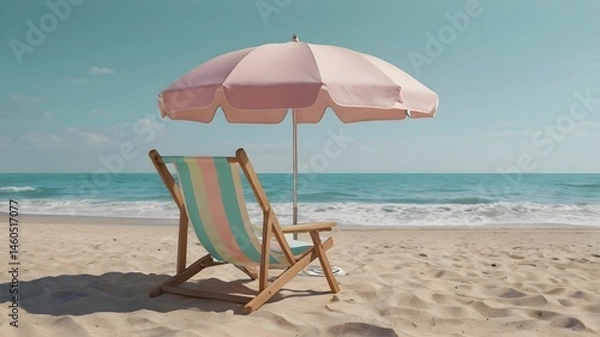 Obraz Modern Pastel Beach Chair and Umbrella Set – Soft 3D Shaded Summer Graphic on Transparent Background