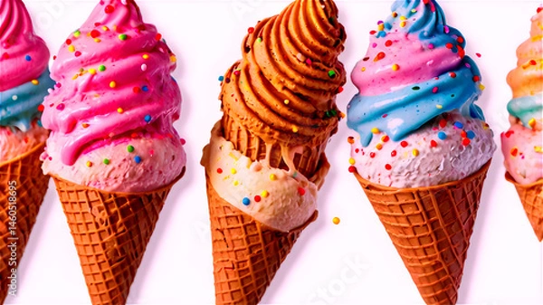Obraz Realistic Melting Ice Cream Cones with Sprinkles – High-Resolution Isolated Food Graphics for Packaging & Social Media