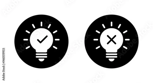 Fototapeta Light bulb with checkmark and cross mark icon on black circle. Creativity and stagnation sign symbol