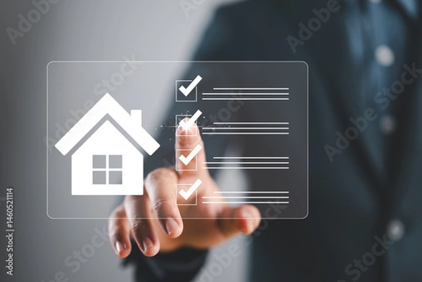 Fototapeta Business real estate. Property analysis and checklist for real estate business management concept. Buy and sell houses and real estate online. Mortgage loan home and insurance real property mortgage