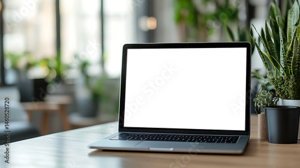 Obraz Minimal Office Setup with Laptop and Transparent PNG Cutout Screen on Wooden Table, Copy Space on Right Side