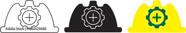 Obraz Construction helmet on the gear icons set. Construction, labor and engineering symbols. Helmet and gear flat or line icon - stock vector.