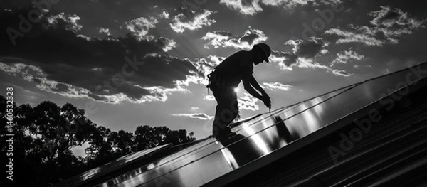 Obraz Construction Worker on Solar Panel Roof at Sunset
