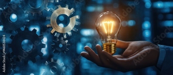 Fototapeta Illuminating innovation: a hand holding lightbulb amidst mechanical cogs and gears