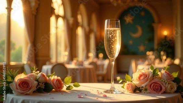 Fototapeta Golden Hour Celebration A Sparkling Toast Amidst Romantic Floral Arrangements in an Elegant Ballroom