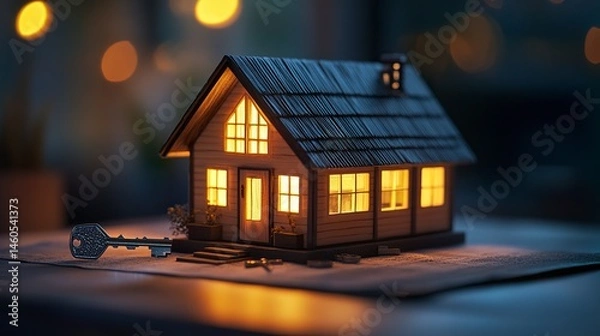 Fototapeta A small, beautifully crafted tiny house model with a pitched roof, placed beside gleaming silver keys, illustrating the concept of purchasing a compact home in real estate 