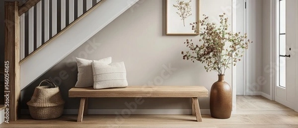 Obraz A Cozy Hallway With A Wooden Bench, Pillows, A Woven Basket, And Dried Flowers In A Vase. The Overall Style Is Minimalist And Natural.