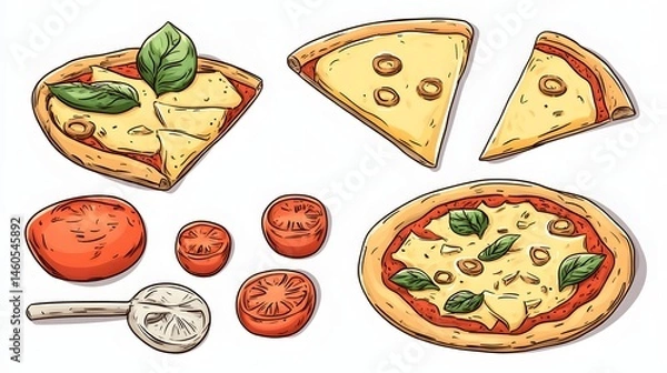 Fototapeta Hand-drawn illustrations of various pizza slices and ingredients.