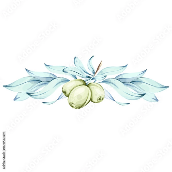 Fototapeta Olives and olive oil illustrated in watercolor style capturing the essence of Italian cuisine and natures beauty frame, border, arrangement