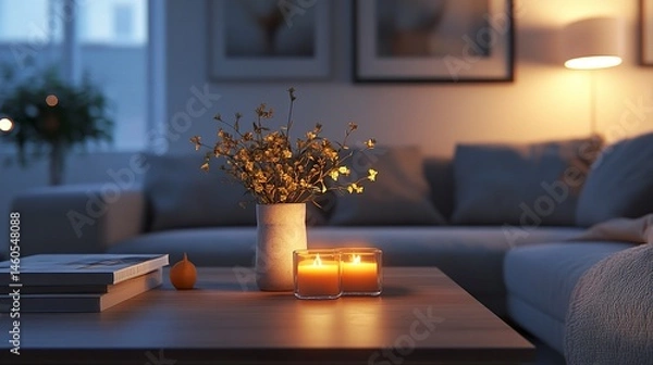 Fototapeta A stylish modern living room with sleek gray furnishings, a low-profile sofa, and a minimalist coffee table, complemented by warm lighting and soft textiles for an inviting, cozy atmosphere 