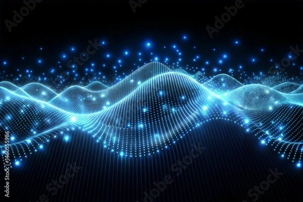 Fototapeta Futuristic tech background abstract digital waves blue lights data points sparkles