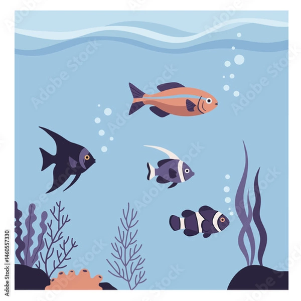 Fototapeta Colorful tropical fish swimming in underwater coral reef vector illustration in square format 