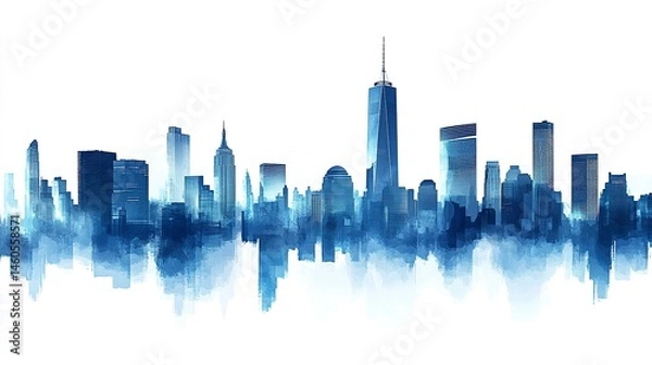 Fototapeta Clean vector design of a blue-toned skyline, tall skyscraper silhouettes creating depth, crisp white background.  
