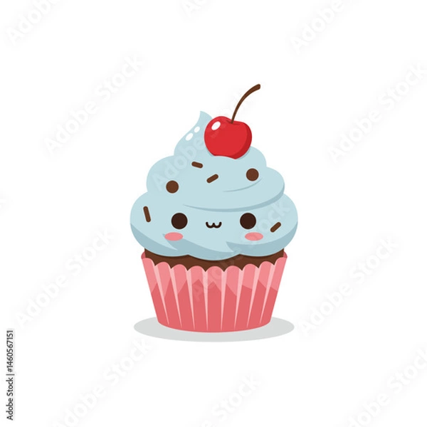 Fototapeta Cute cupcake with blue frosting cherry on top and pink wrapper vector illustration for dessert design