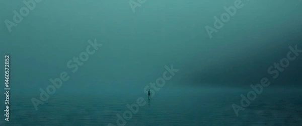 Fototapeta A lone figure stands on water, engulfed in teal mist, creating a surreal, minimal seascape