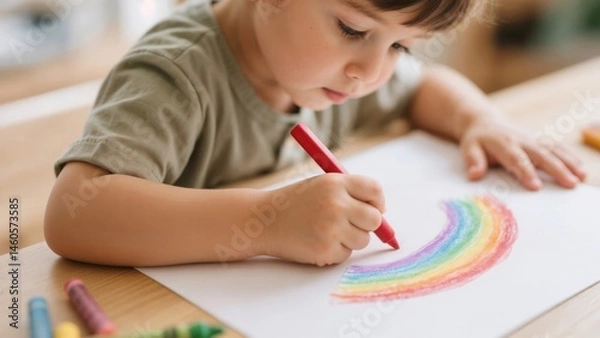 Fototapeta Child drawing a colorful rainbow with crayons on paper