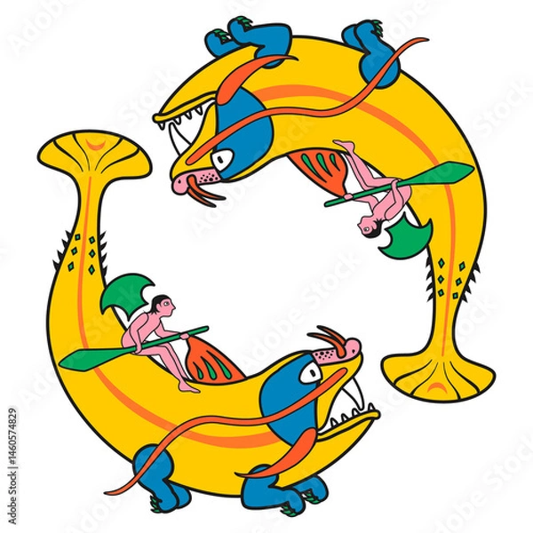 Fototapeta Medieval Style Illustration of Two Fish Creatures with Figures