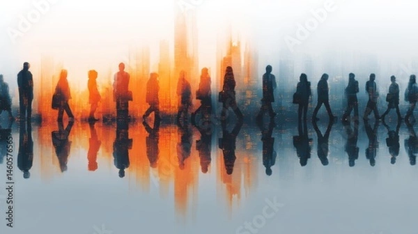 Fototapeta Business conference with double exposure of people and city skyline, reflecting successful partnership and teamwork.