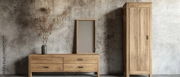 Obraz Rustic Wooden Furniture Against A Textured Wall, Featuring A Dresser, Tall Cabinet, And A Framed Mirror. The Overall Vibe Is Calm And Minimalist.