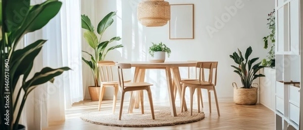 Obraz A Bright, Airy Dining Room With A Wooden Table, Chairs, And Potted Plants.  It Has A Calm And Peaceful Vibe.