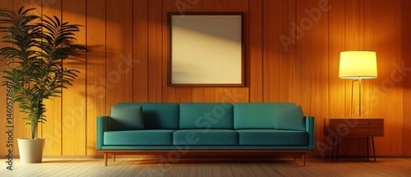 Obraz Mid-Century Modern Living Room With Teal Sofa, Wooden Wall, And Floor Lamp.  Warm, Inviting, And Stylish.