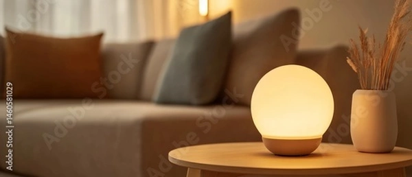 Obraz A Warm, Inviting Living Room Scene Featuring A Soft, Glowing Table Lamp On A Side Table, Next To A Vase Of Dried Flowers. The Overall Ambiance Is Calm And Relaxing.