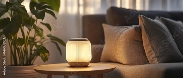 Obraz A Warm, Inviting Scene Of A Lit Lamp On A Side Table Next To A Cozy Sofa, Perfect For Relaxing Evenings. The Soft Lighting And Neutral Tones Create A Calming And Peaceful Atmosphere.