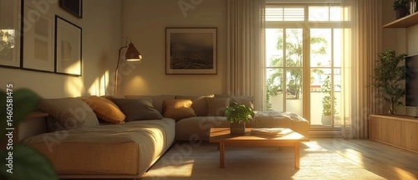 Obraz A Sun-Drenched Living Room With A Comfy Sectional Sofa, Warm Lighting, And Plants Adds A Cozy And Inviting Atmosphere.