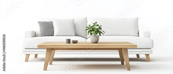 Obraz A Minimalist Living Room With A White Sofa, Wooden Coffee Table, And A Small Plant. The Room Is Bright And Airy, Conveying A Sense Of Calm And Serenity.
