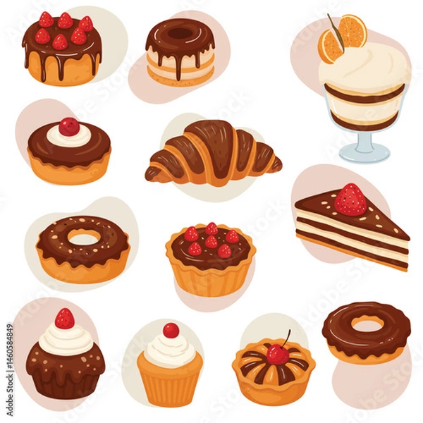 Fototapeta Assorted chocolate and cream desserts with cupcakes croissant and layered cake illustration vector collection 