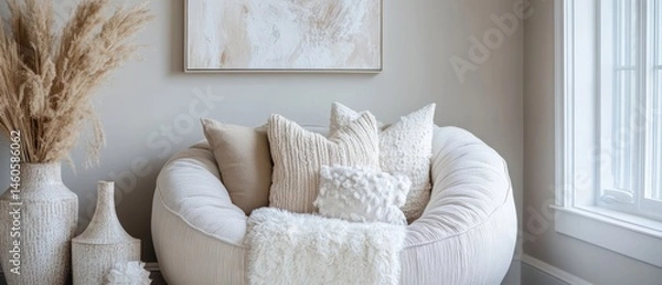 Obraz Cozy Cream-Colored Round Chair With Fluffy Pillows And A Throw Blanket, Pampas Grass, And Vases In A Minimalist Room. Perfect For Relaxing And Unwinding.