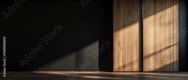 Obraz Sunlight Streams Into A Minimalist Room, Illuminating A Sleek Wooden Closet Against A Dark Wall. The Scene Is Calm And Serene.