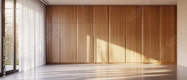 Obraz A Minimalist, Sunlit Room With A Large Wooden Wall Unit And Sheer Curtains. The Scene Is Serene And Calming, Conveying A Sense Of Peace And Tranquility.  Perfect For A Modern Home Or Apartment.