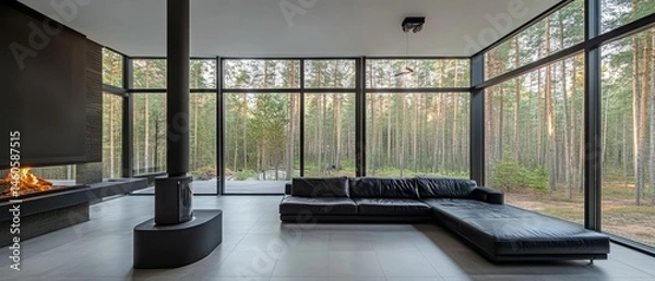 Obraz Modern Minimalist Living Room With Floor-To-Ceiling Windows Overlooking A Forest.  Black Leather Sectional Sofa And A Sleek Fireplace Add To The Luxurious Vibe.