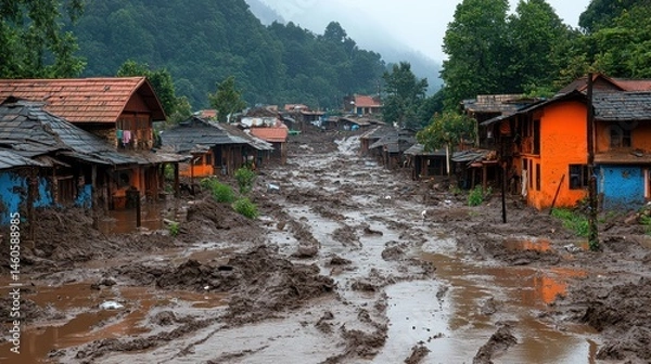 Obraz Devastating Mudslide Engulfs Himalayan Village Homes