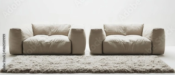 Obraz Two Beige Armchairs Sit On A Fluffy Rug Against A White Wall. The Image Conveys A Calm And Serene Atmosphere.