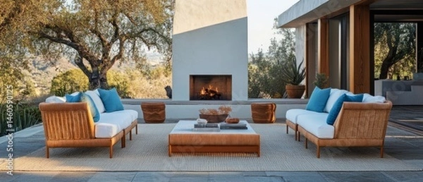 Obraz Relaxing Outdoor Scene With Wicker Sofas, A Fireplace, And A Rug, Bathed In Warm Sunlight. Perfect For A Peaceful Afternoon.