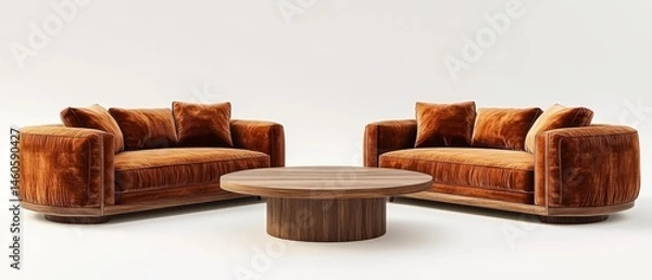 Obraz Two Burnt Orange Velvet Sofas Face Each Other Across A Round Wooden Coffee Table, Minimalist And Stylish.